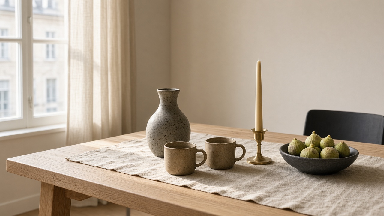 A pale oak table set with speckled stoneware, oat linen, and a brass candle holder in morning light
