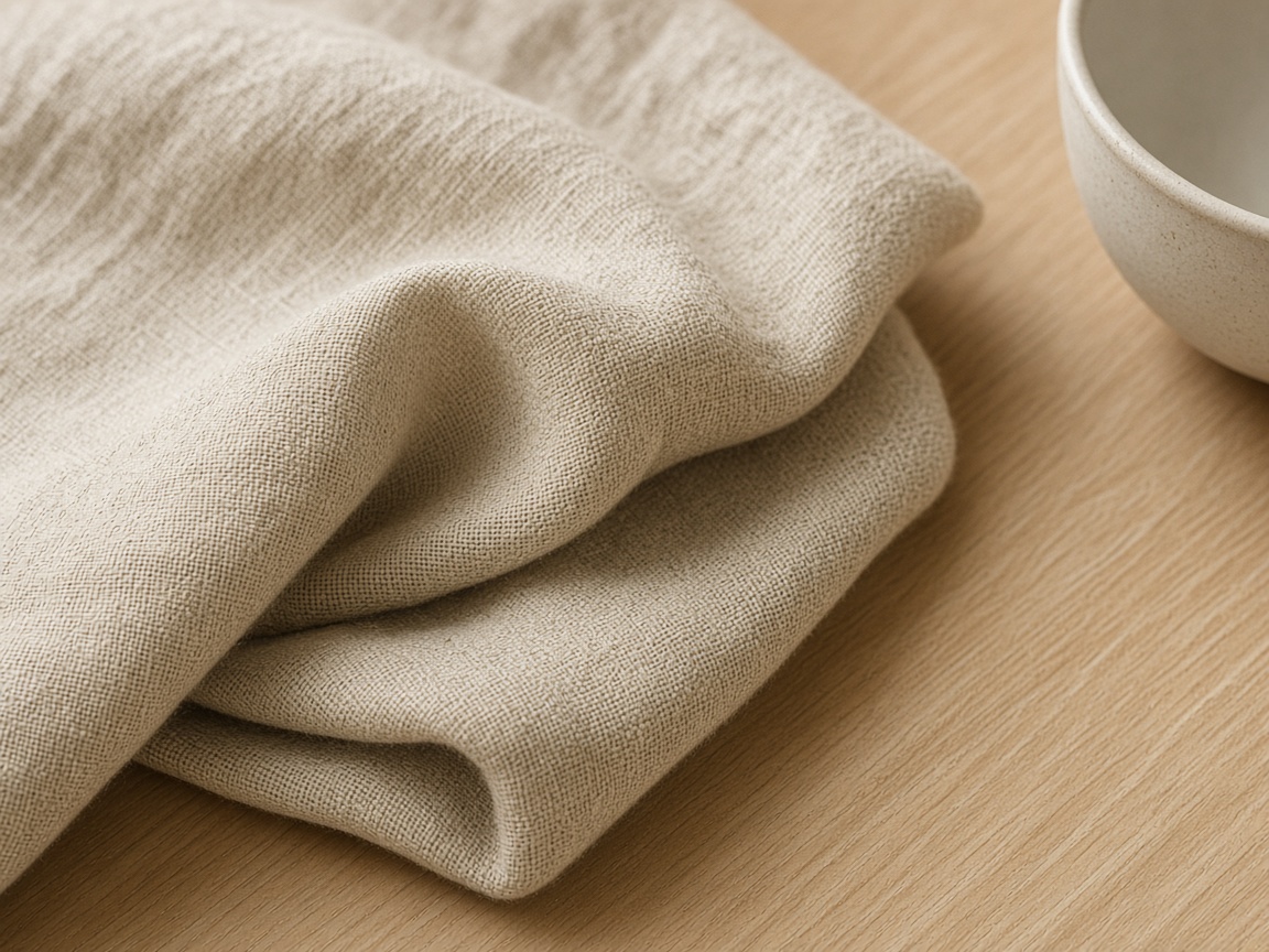 Close view of undyed oat linen folded on oak