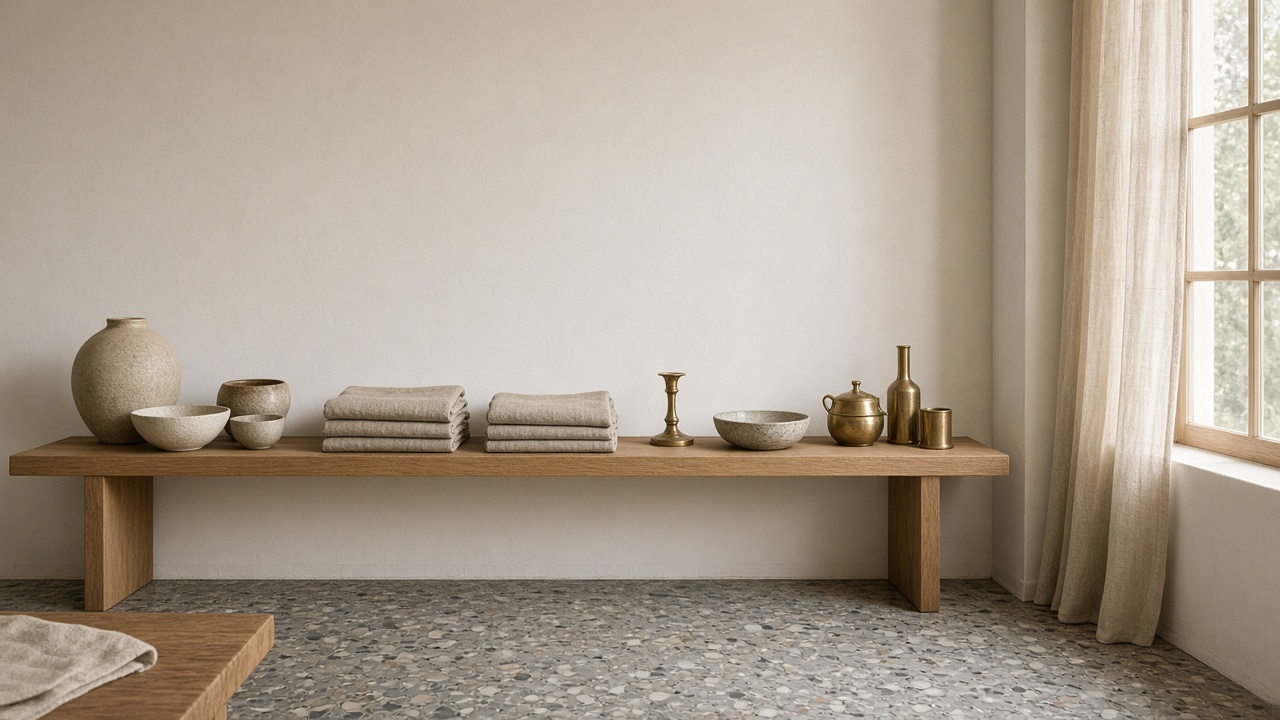 The ORRIS showroom shelf of ceramics, linen, and brass