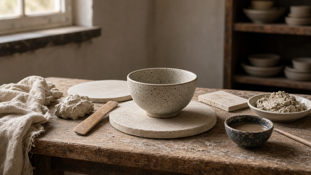 A ceramics bench with drying stoneware, linen, and wooden tools
